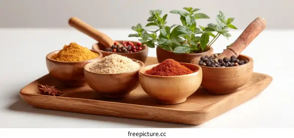 Assorted Spices and Herbs on Wooden Tray