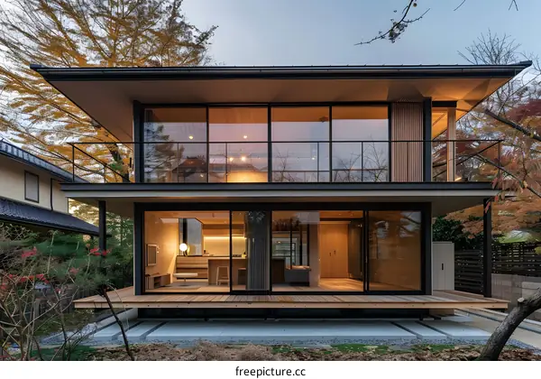 Modern Japanese House with Wooden Deck and Glass Walls