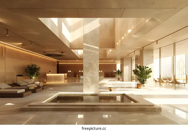 Modern Hotel Lobby with Minimalist Design and a Water Feature