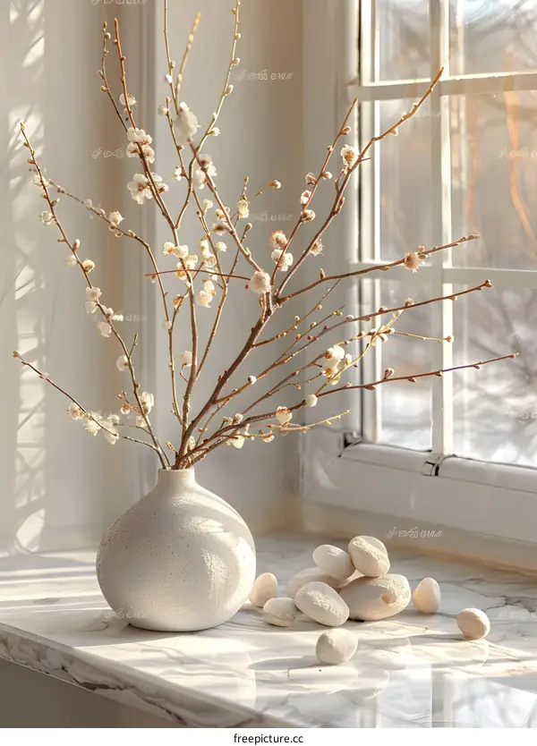 White Flowers in a Vase on Windowsill