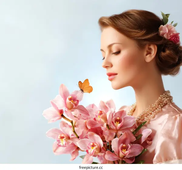 Beautiful Woman with Pink Orchids and Butterfly