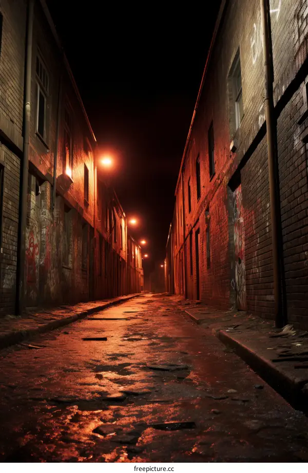 A dark and narrow alleyway with red lighting