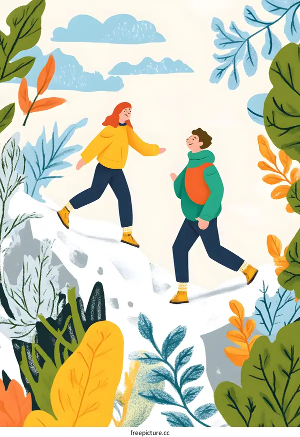 Couple Hiking Through Nature Illustration