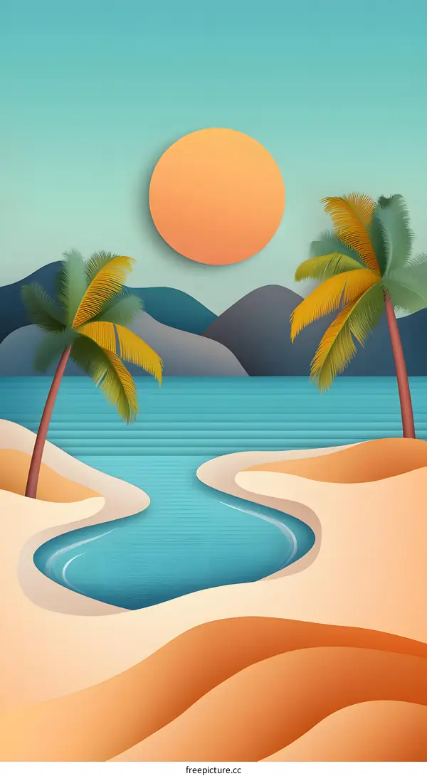 Paper Cut Style Tropical Summer Beach Landscape with Palm Trees and Ocean