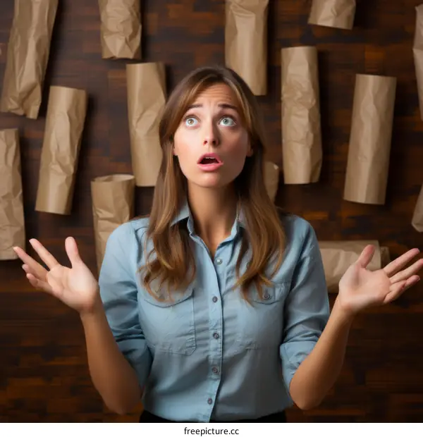 A young woman standing in front of a wall of brown paper rolls with her hands up in the air and a surprised expression on her face