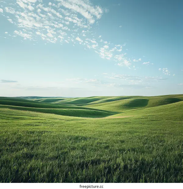 Landscape of green rolling hills under a blue sky with white clouds