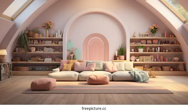 Cozy pink living room interior with large windows and a pink door