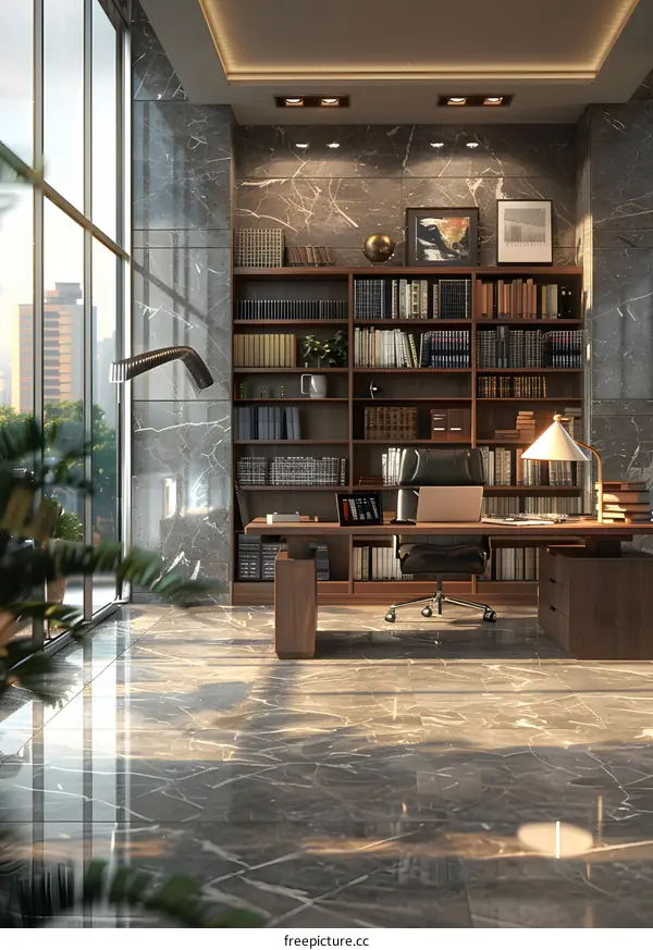 Modern office interior with large windows and marble floor