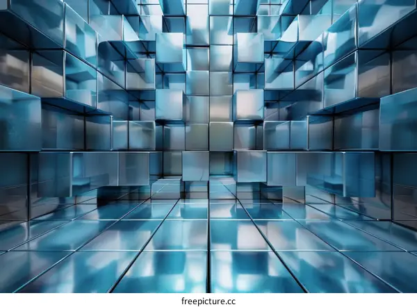 Metallic 3D Cubes Mirror Room - Blue & Gray