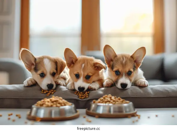 Three cute corgi puppies sitting on a couch and looking at the camera