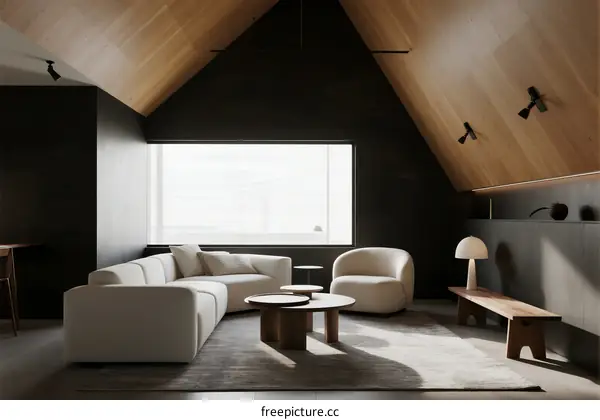 Modern Minimalist Living Room with White Sofa and Wooden Ceiling