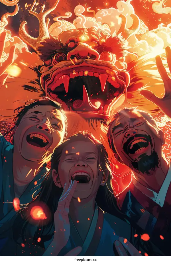 Three people laughing with a Chinese dragon in the background