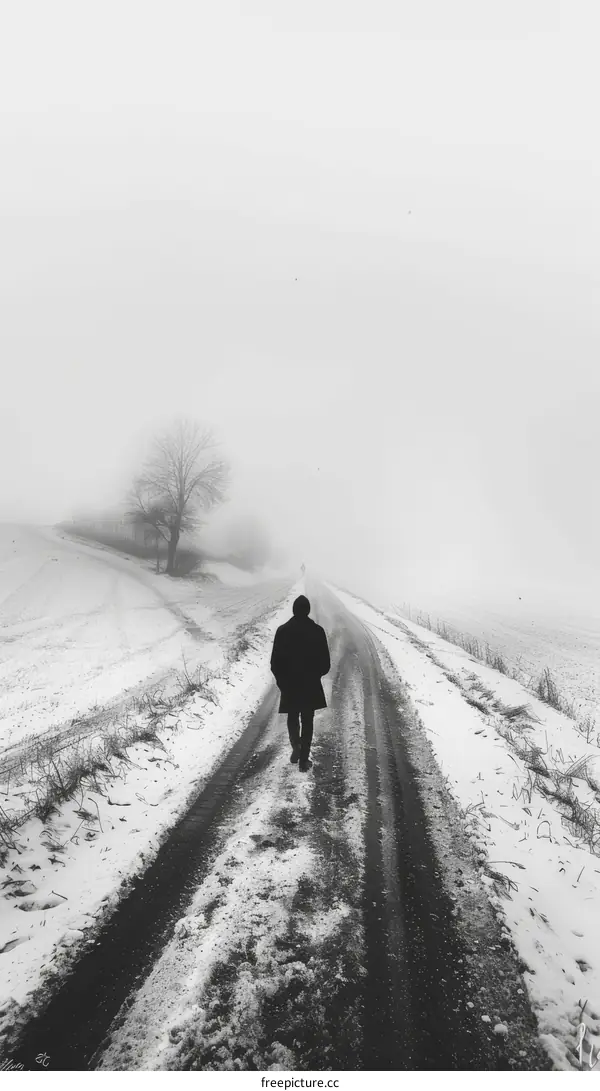 Man walking alone on a snowy road
