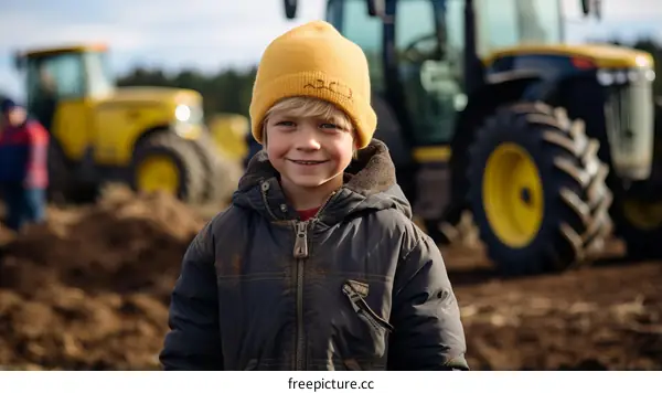 Young boy standing in front of a tractor