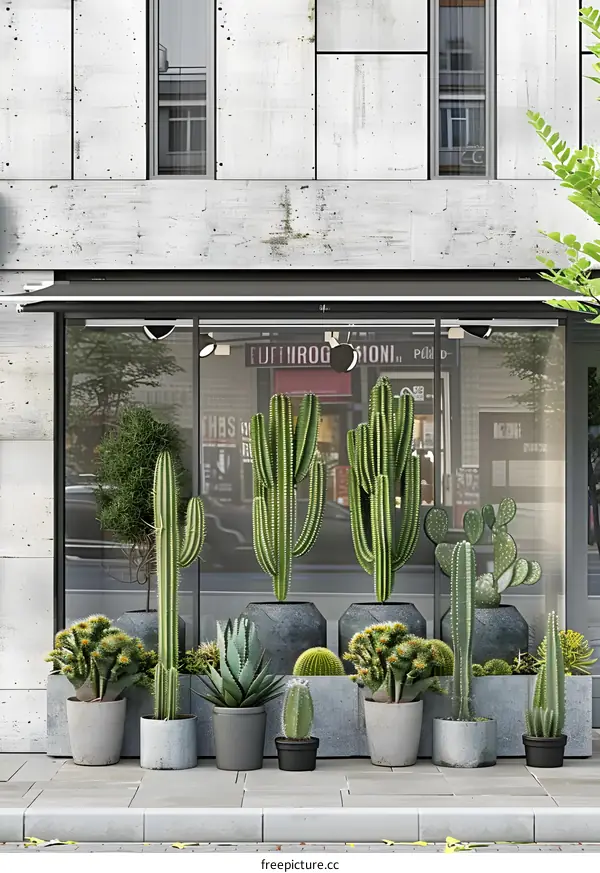 Cactus Plants in Pots in Front of Store Window
