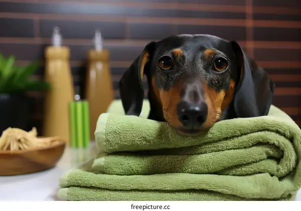 A dachshund puppy resting on a stack of green towels