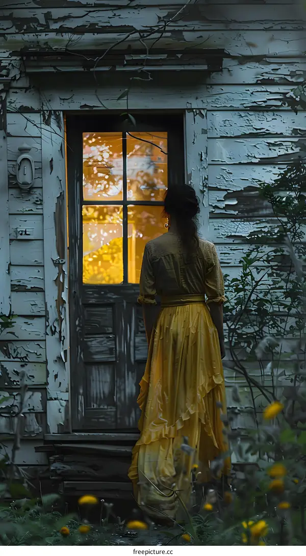 Woman in Yellow Dress Stands in Front of Old House with Light in Window