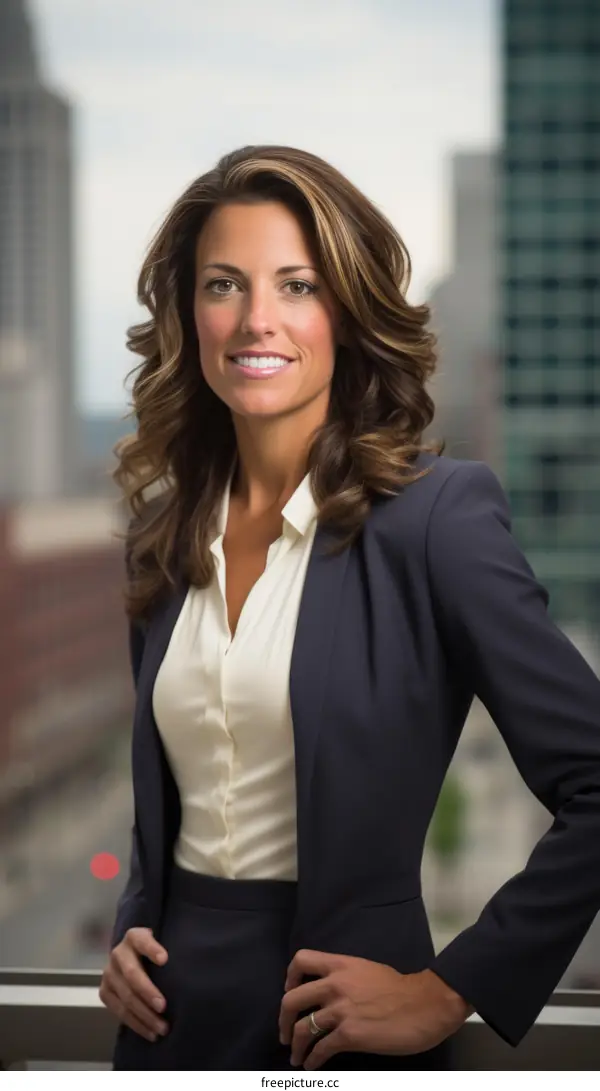 Confident businesswoman standing in front of cityscape