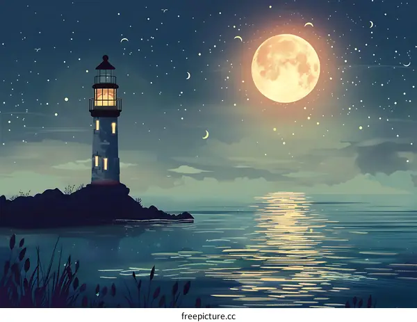 Lighthouse Shining Under a Full Moon