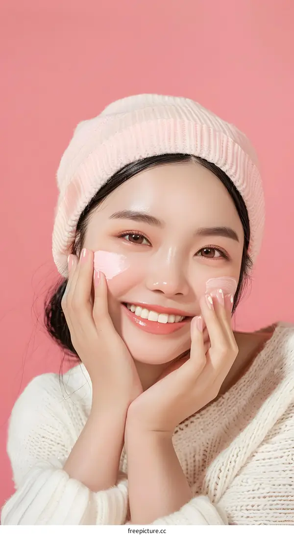 Smiling Woman Applying Pink Face Mask in Winter Hat