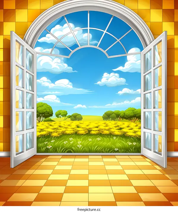 Open French Doors to a Summer Meadow Landscape