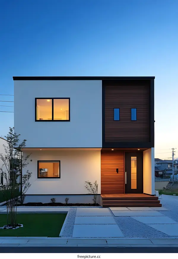 Modern House Exterior with Wooden Siding and Large Windows