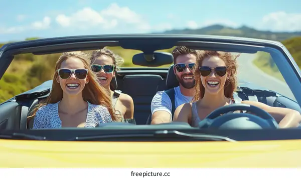 Happy Friends Enjoying a Road Trip in a Convertible