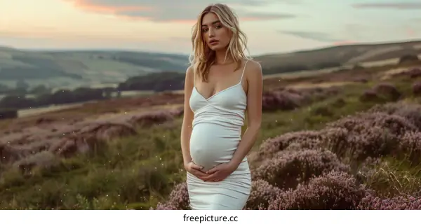 Pregnant woman standing in a field of flowers