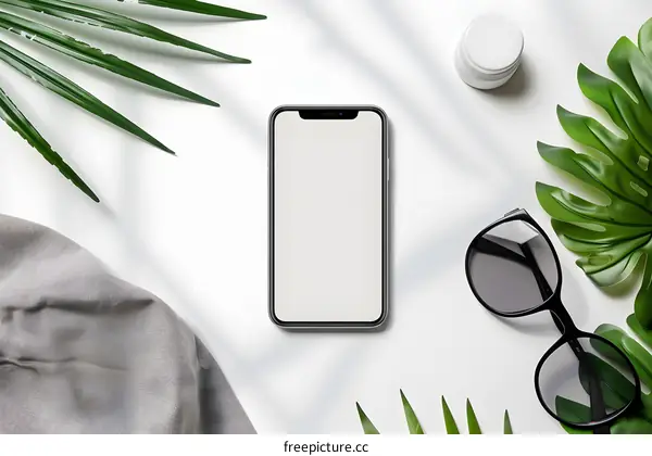 White Background with Smartphone, Sunglasses and Leaves