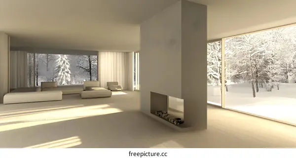 Minimalist Living Room with Fireplace and Snow Covered View