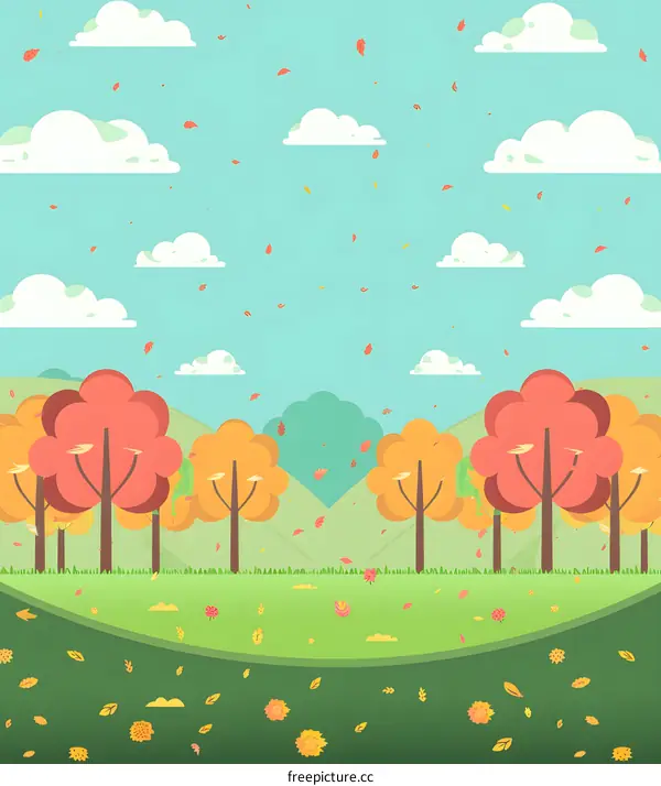 Autumn Forest Landscape with Falling Leaves Illustration