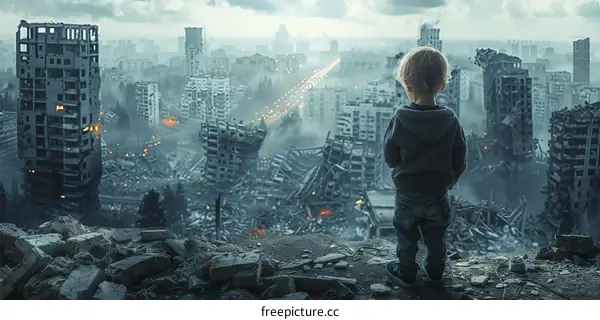 Little boy standing in a ruined city