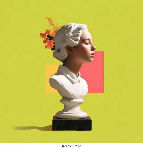 Elegant Marble Bust of a Young Woman with Flowers