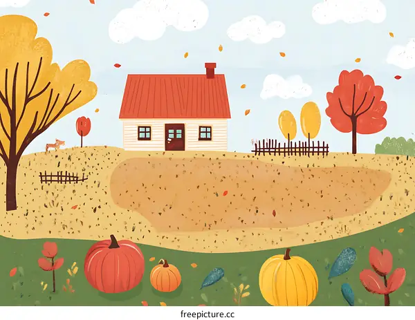 Autumn House with Red and Yellow Pumpkins