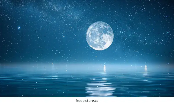 Full Moon Rising Over Calm Sea with Stars