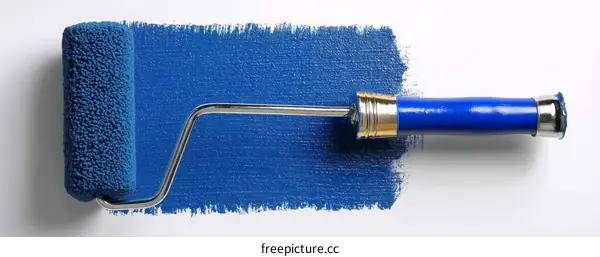Paint Roller Painting Blue Color on White Background
