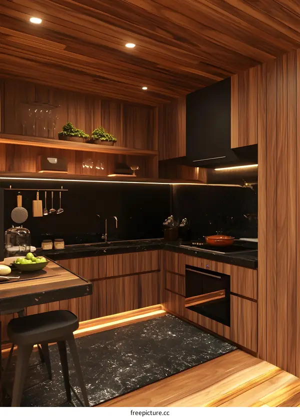 Modern Kitchen Interior Design with Wooden Cabinets and Black Countertop