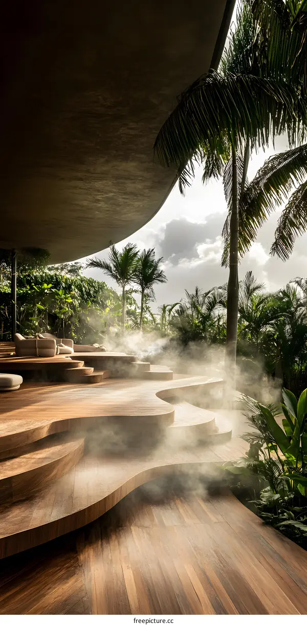 Modern Wooden Patio with Fog and Palm Trees