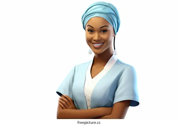 A young African woman wearing a blue headscarf is smiling.