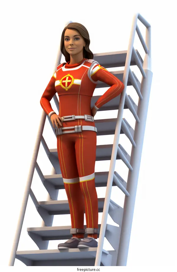 A female lifeguard standing on a ladder
