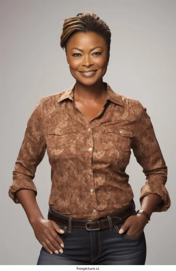 Portrait of a smiling African-American woman with short brown hair wearing a brown shirt and blue jeans