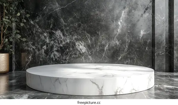 White Marble Round Display Podium Against Dark Marble Wall