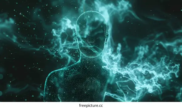 Glowing Blue Human Figure in Dark Space