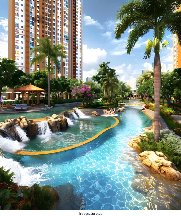 Tropical Resort Swimming Pool with Waterfall