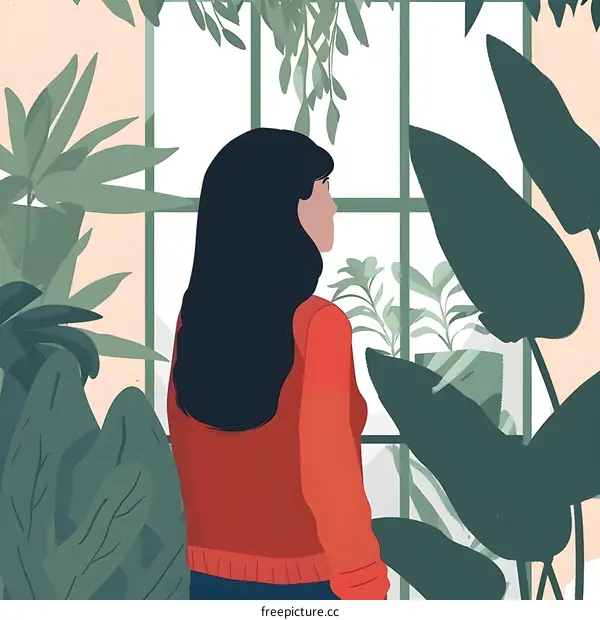 Woman Looking Out Window Surrounded by Plants
