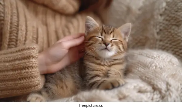 A woman is petting a kitten.
