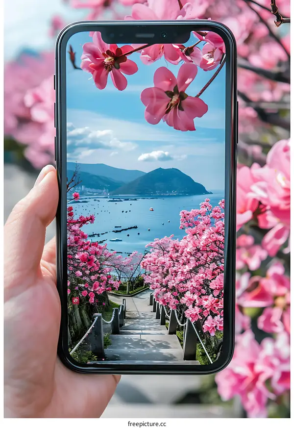 Closeup of a Hand Holding a Smartphone with a Beautiful Sea View in the Background
