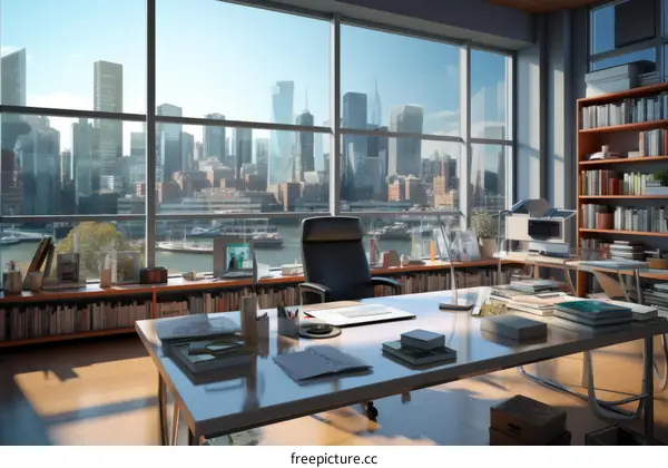 A modern office with a large desk and a view of the city