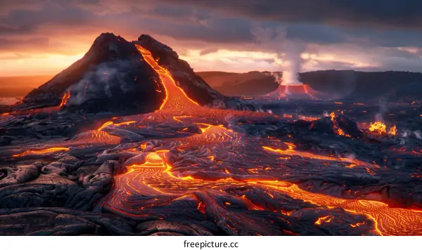 molten lava flowing down the slopes of an erupting volcano