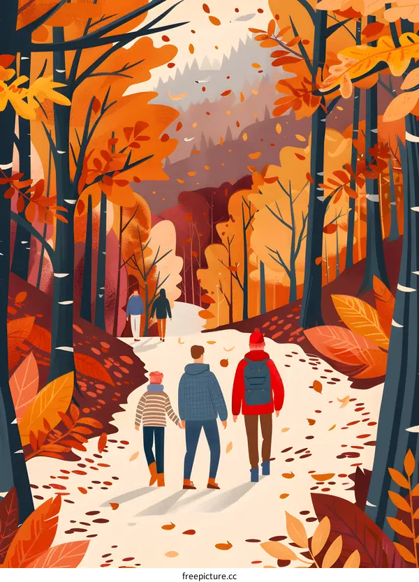 Autumn Forest Path With Family Walking